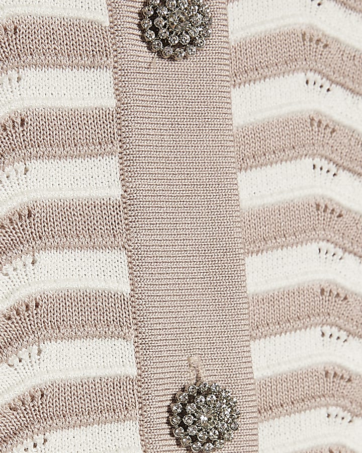 Beige Striped Knit Collared Tank Top