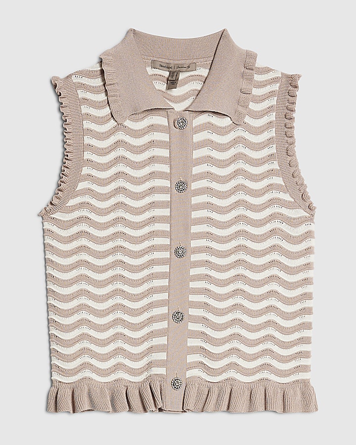 Beige Striped Knit Collared Tank Top