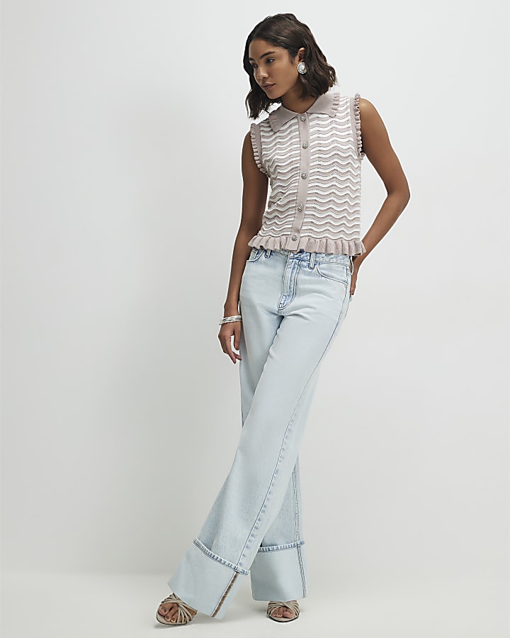 Beige Striped Knit Collared Tank Top