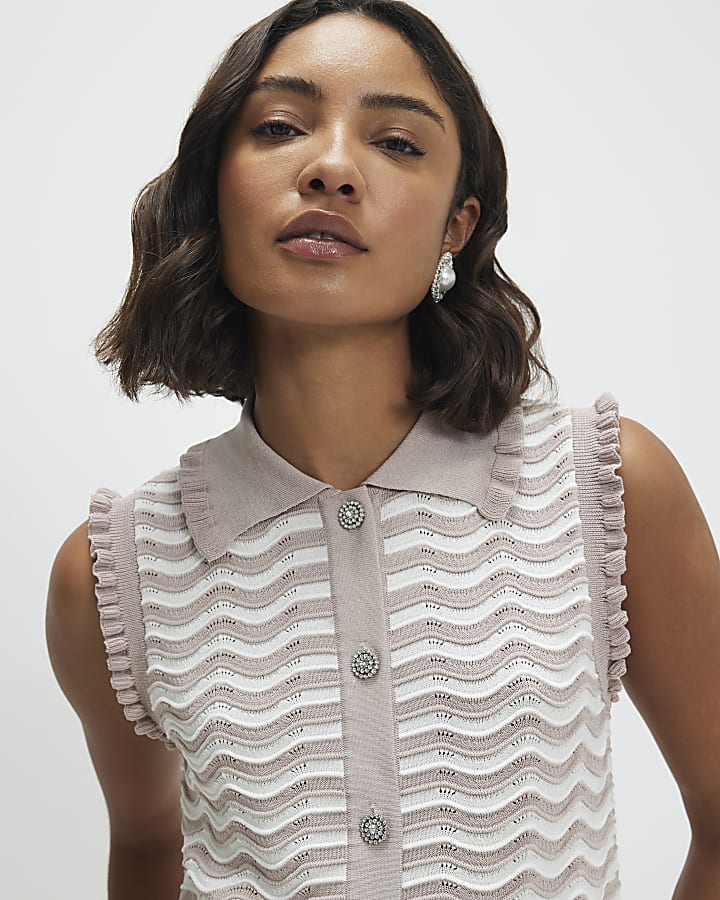 Beige Striped Knit Collared Tank Top