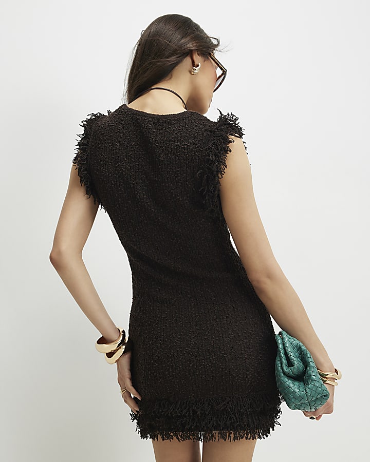 Brown Knitted Fringe Trim Mini Dress