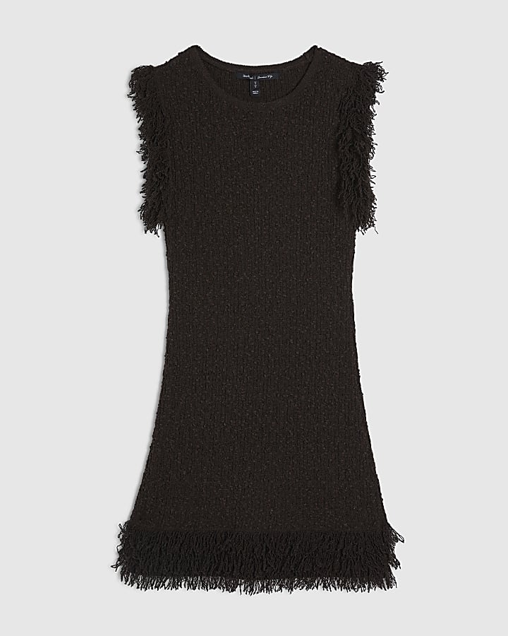 Brown Knitted Fringe Trim Mini Dress