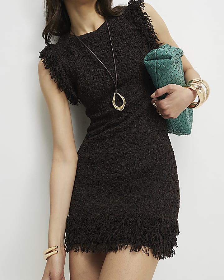 Brown Knitted Fringe Trim Mini Dress