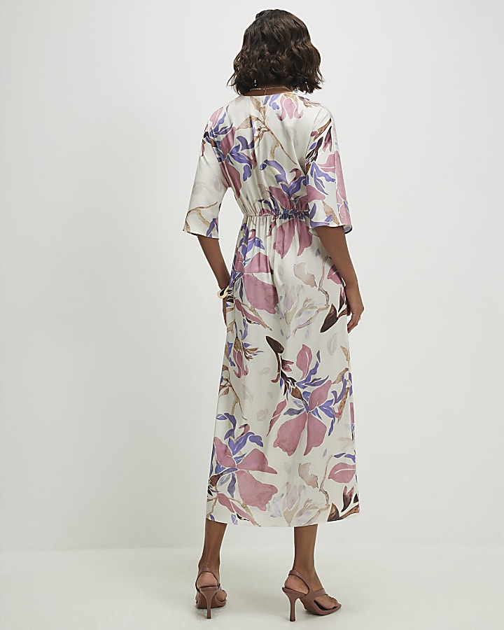 Pink Satin Floral Twist Front Midi Dress