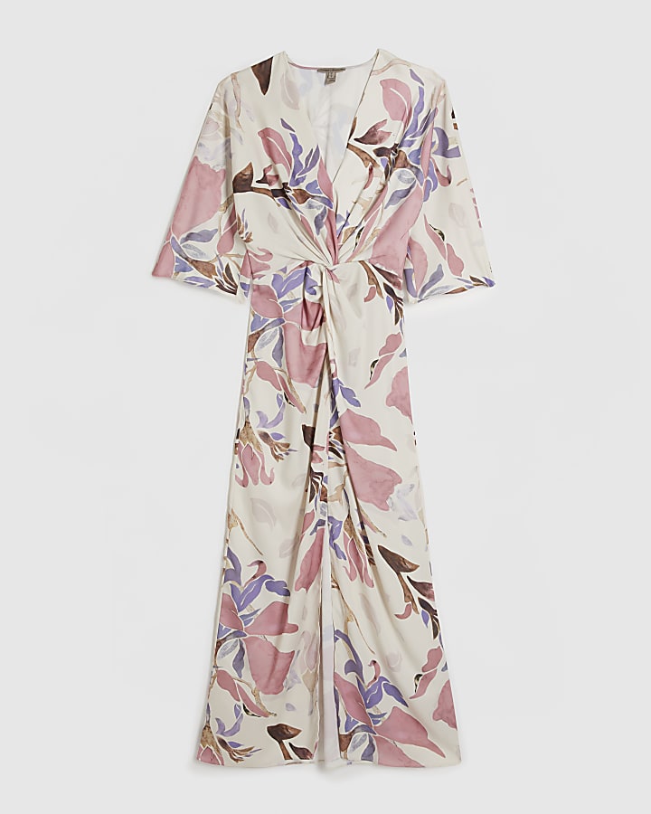 Pink Satin Floral Twist Front Midi Dress