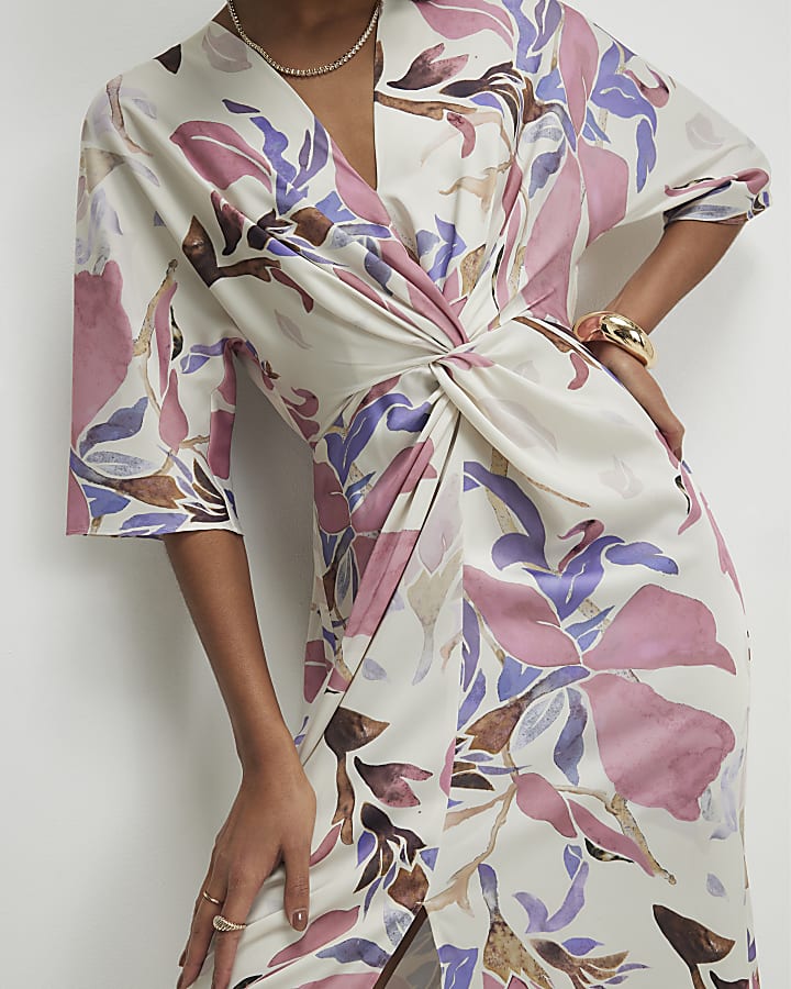 Pink Satin Floral Twist Front Midi Dress