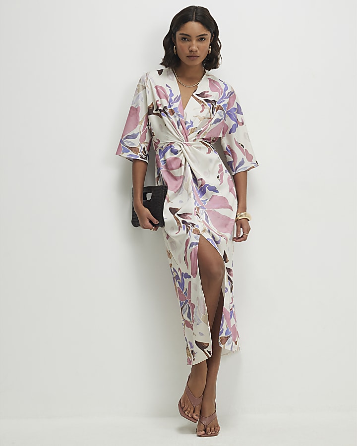Pink Satin Floral Twist Front Midi Dress