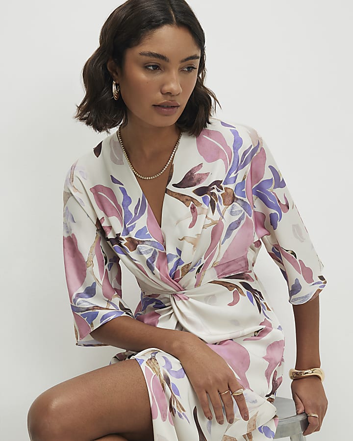 Pink Satin Floral Twist Front Midi Dress