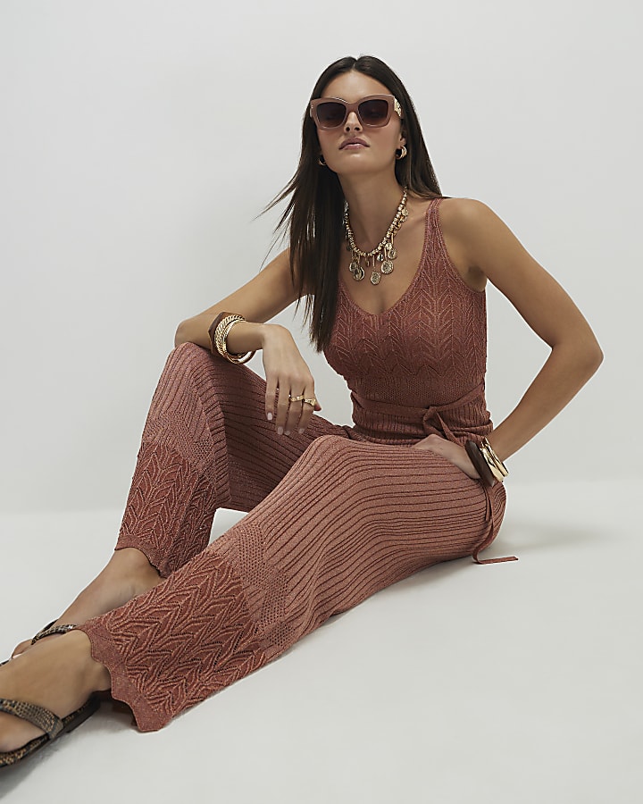 Brown Metallic Knit Trousers