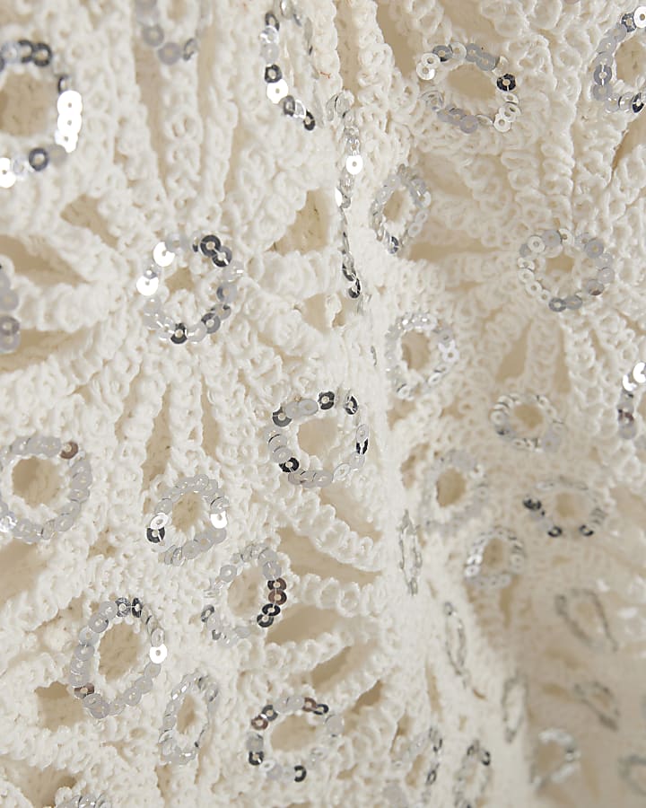 White Crochet Knit Sequin Midi Dress