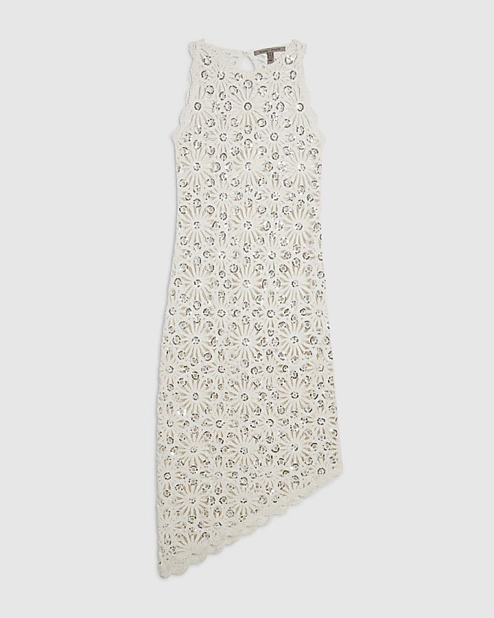 White Crochet Knit Sequin Midi Dress