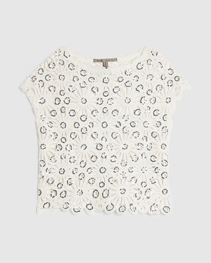 White Crochet Sequin Short Sleeve Top
