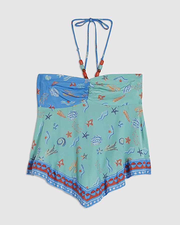 Blue Shell Print beaded Halter Neck Top