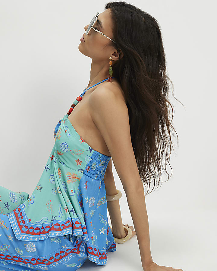 Blue Shell Print beaded Halter Neck Top