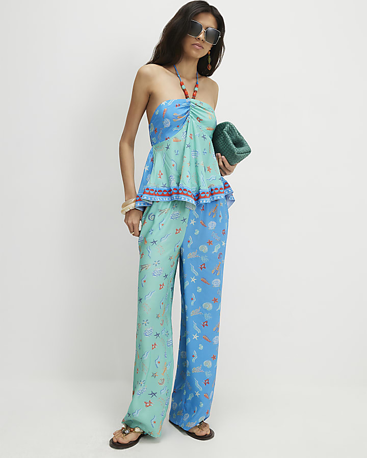 Blue Shell Print beaded Halter Neck Top