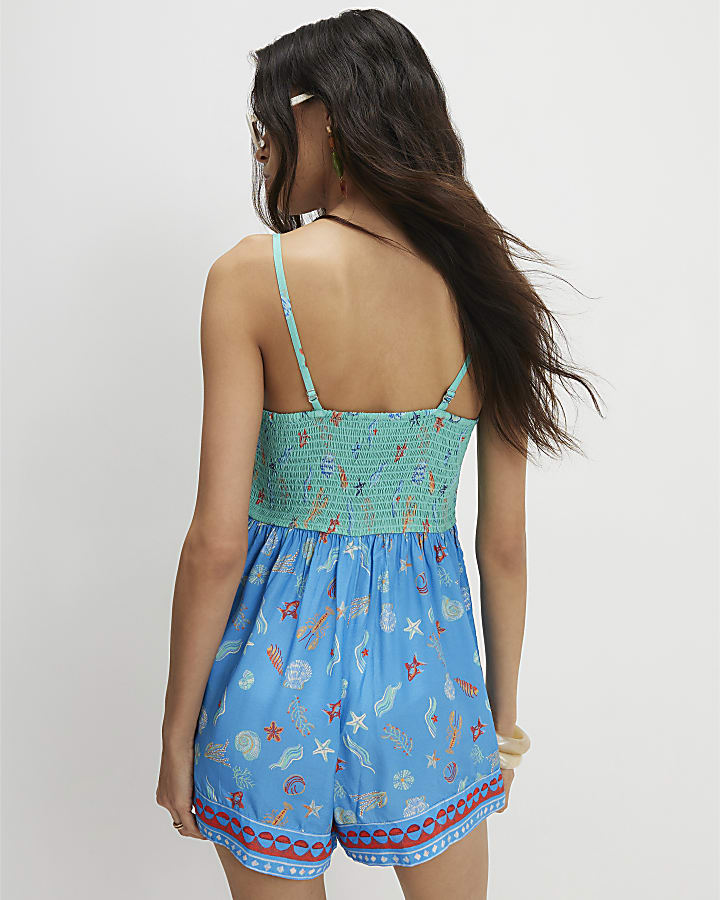Blue Shell Print Tie side Playsuit