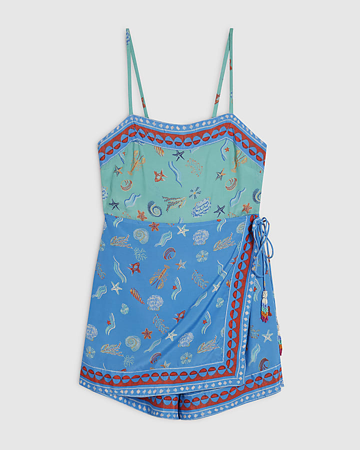 Blue Shell Print Tie side Playsuit