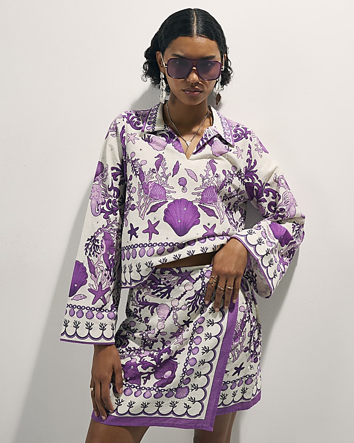 Purple Sea Chain Embellished Beach Shirt