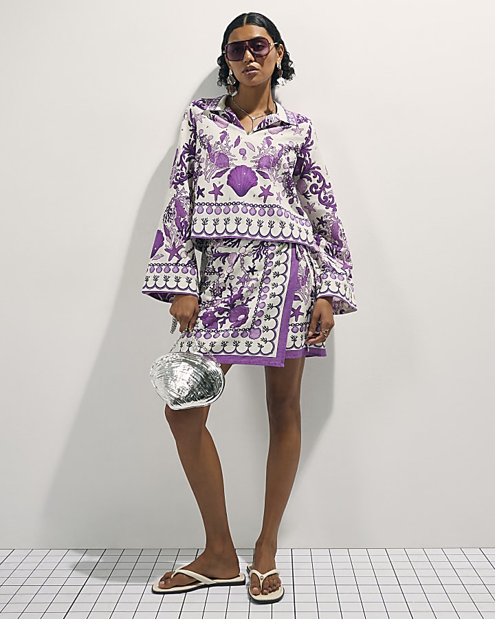 Purple Sea Chain Print Mini Beach Skirt