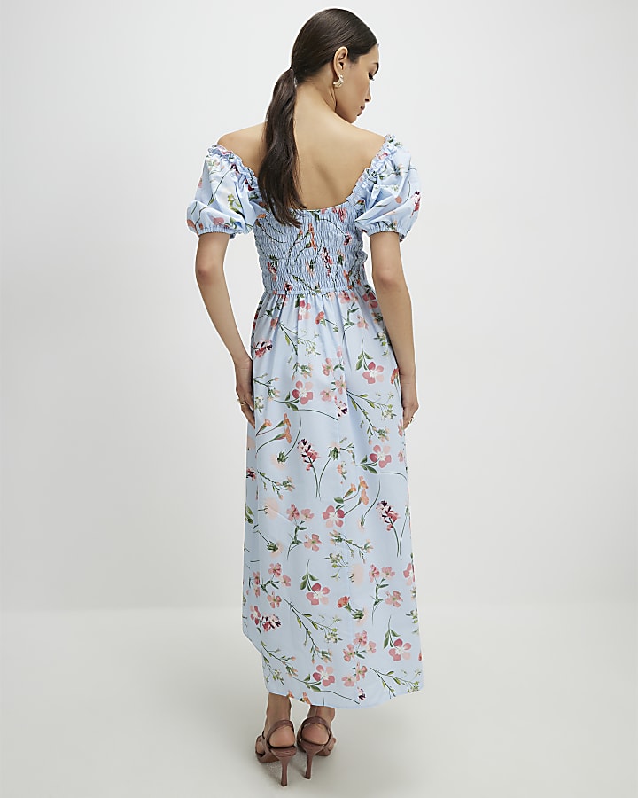 Blue Floral Shirred Midi dress