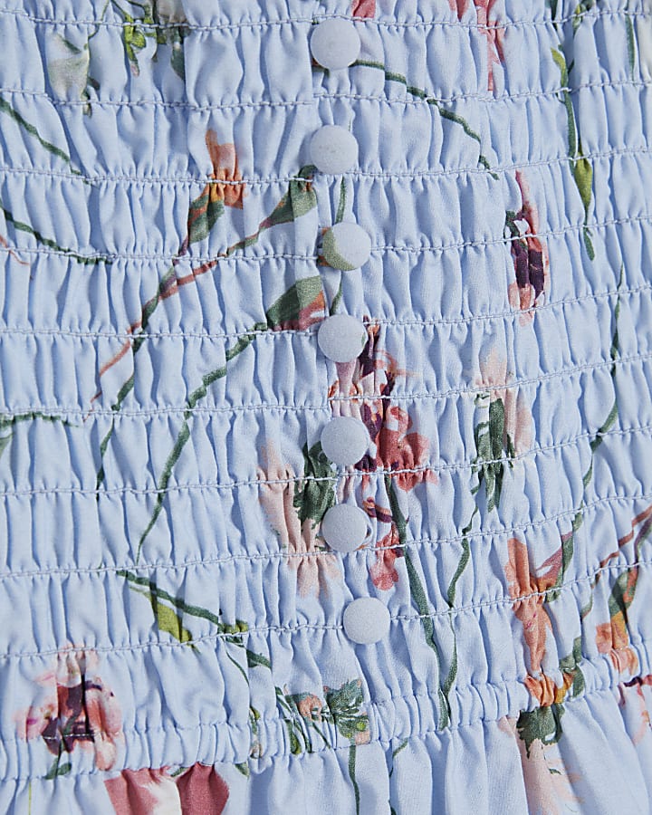 Blue Floral Shirred Midi dress