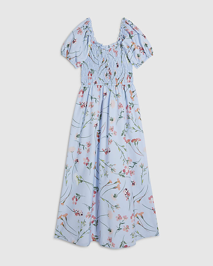 Blue Floral Shirred Midi dress