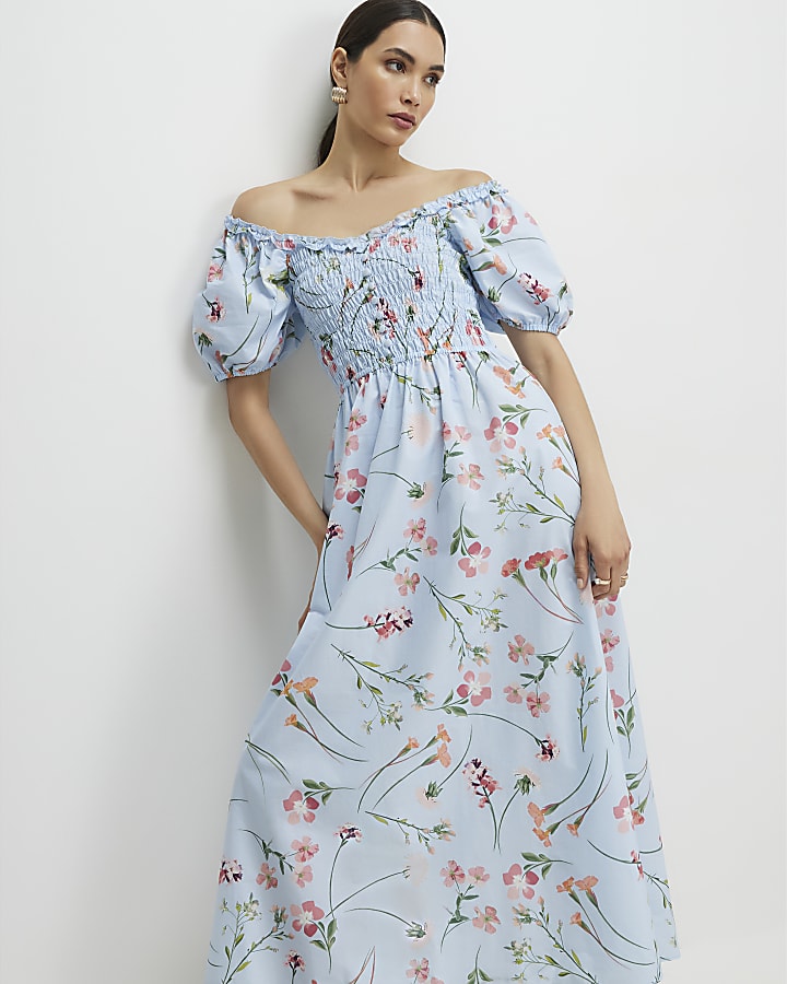 Blue Floral Shirred Midi dress