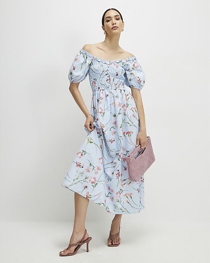Blue Floral Shirred Midi dress