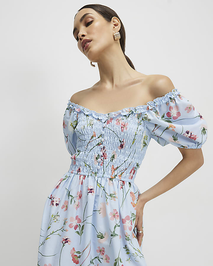 Blue Floral Shirred Midi dress