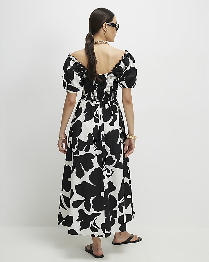 White Monochrome Floral Shirred Midi dress