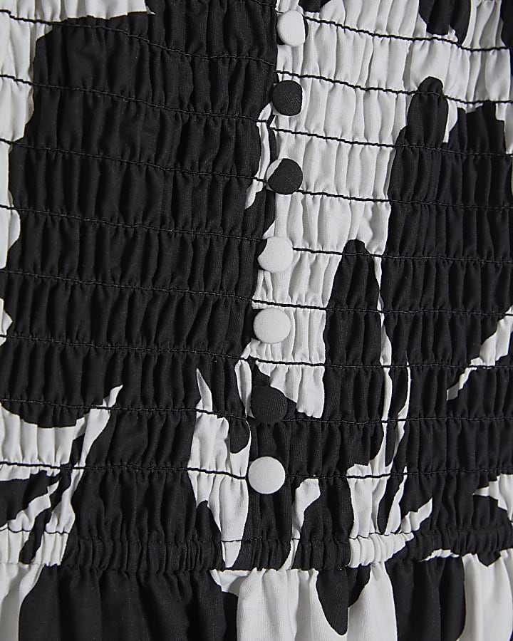 White Monochrome Floral Shirred Midi dress