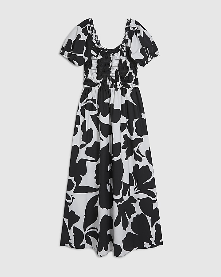 White Monochrome Floral Shirred Midi dress