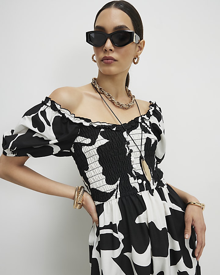 White Monochrome Floral Shirred Midi dress