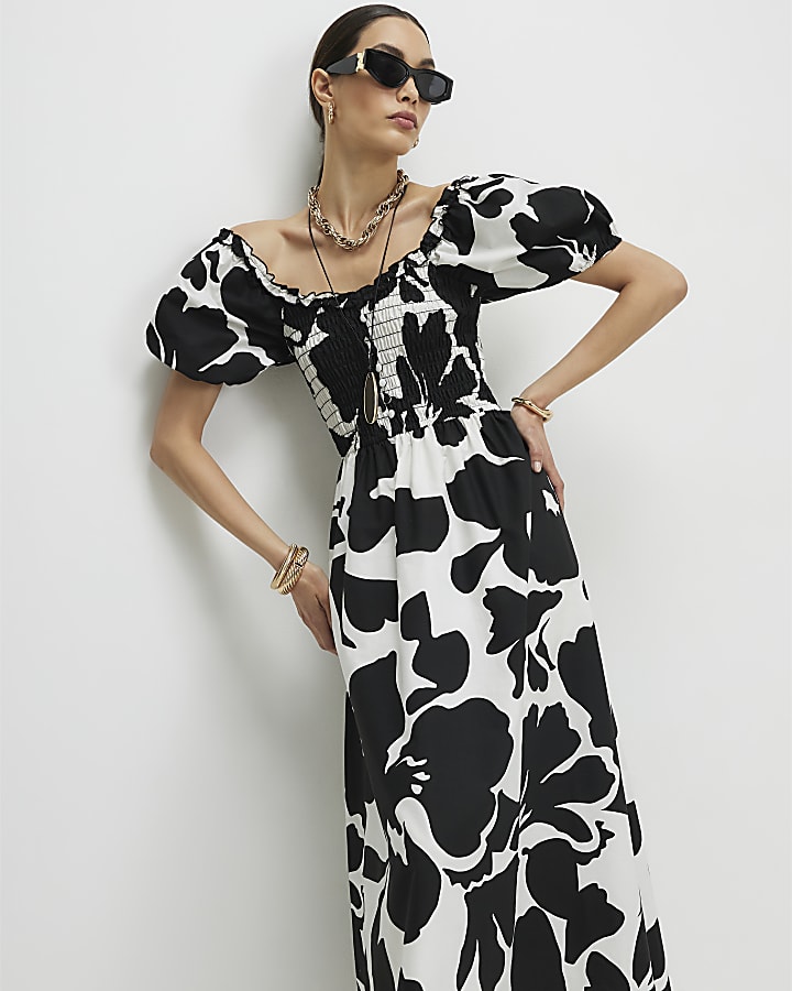 White Monochrome Floral Shirred Midi dress