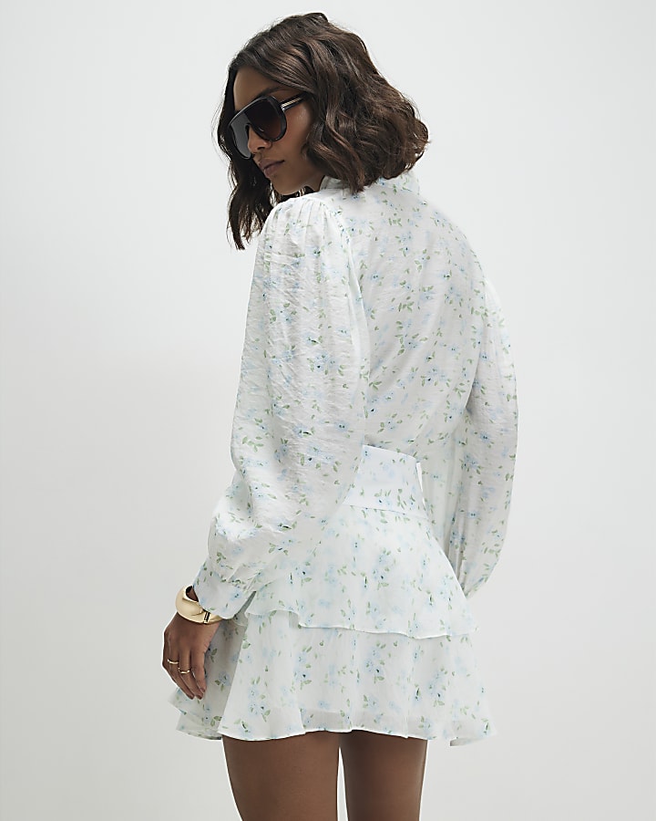 White Floral Pussybow Blouse