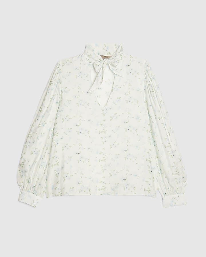White Floral Pussybow Blouse