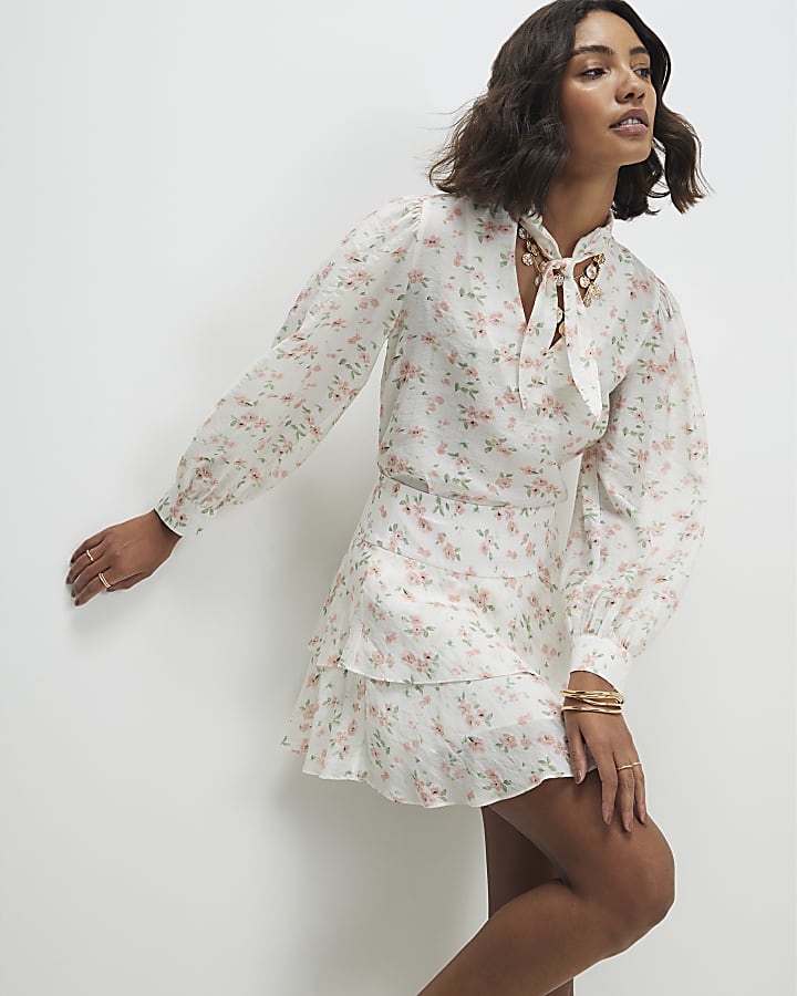 Pink Floral Pussybow Blouse