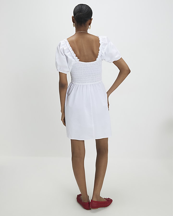 White Puff Sleeve Shirred Mini Dress