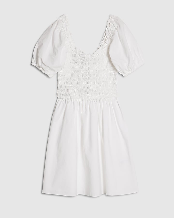 White Puff Sleeve Shirred Mini Dress