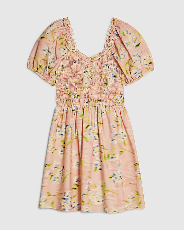 Pink Puff Sleeve Shirred Mini Dress