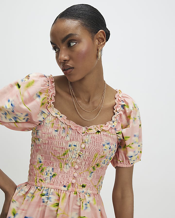 Pink Puff Sleeve Shirred Mini Dress