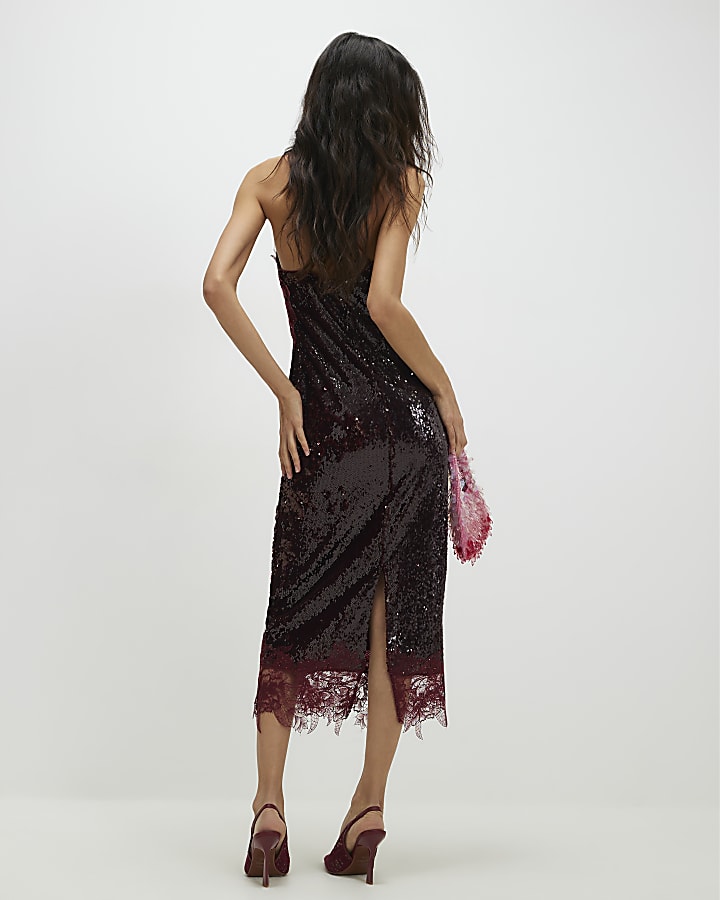 Red Sequin Lace Cami Midi Dress