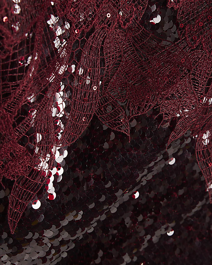 Red Sequin Lace Cami Midi Dress