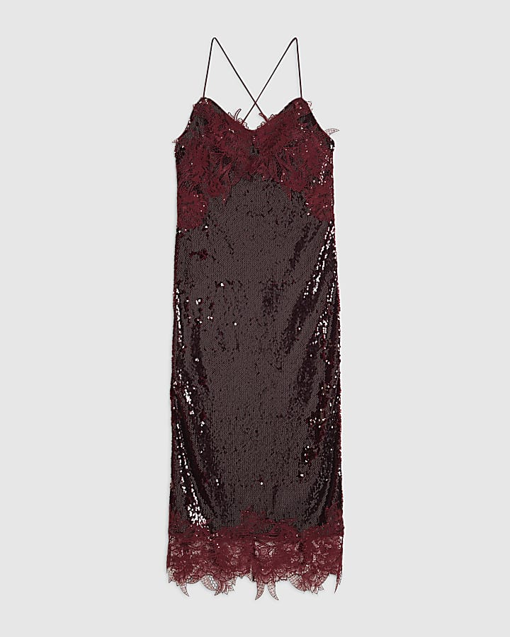 Red Sequin Lace Cami Midi Dress