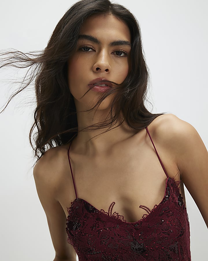 Red Sequin Lace Cami Midi Dress