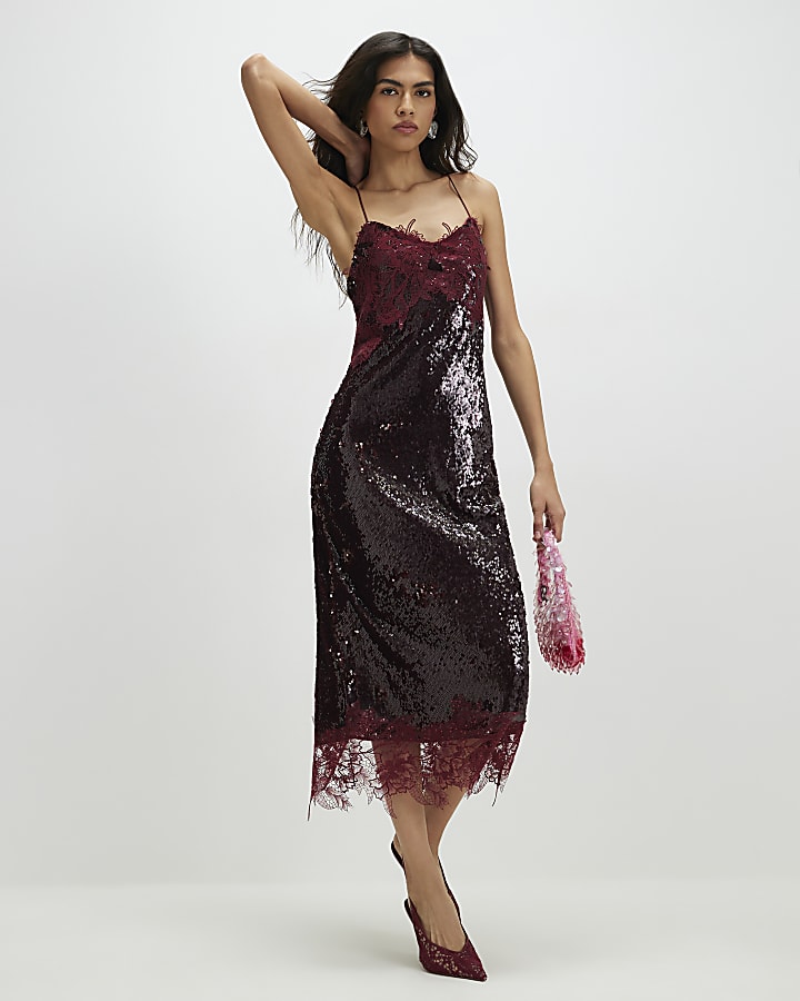 Red Sequin Lace Cami Midi Dress