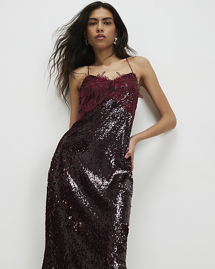Red Sequin Lace Cami Midi Dress