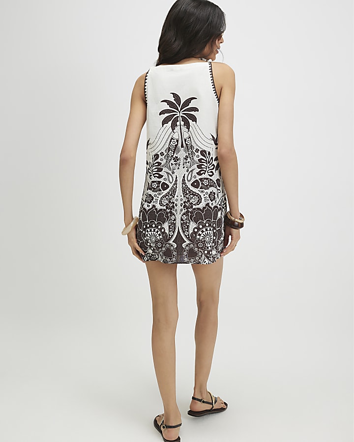 Cream Linen Blend Palm Print Shift Dress