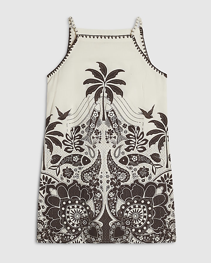 Cream Linen Blend Palm Print Shift Dress
