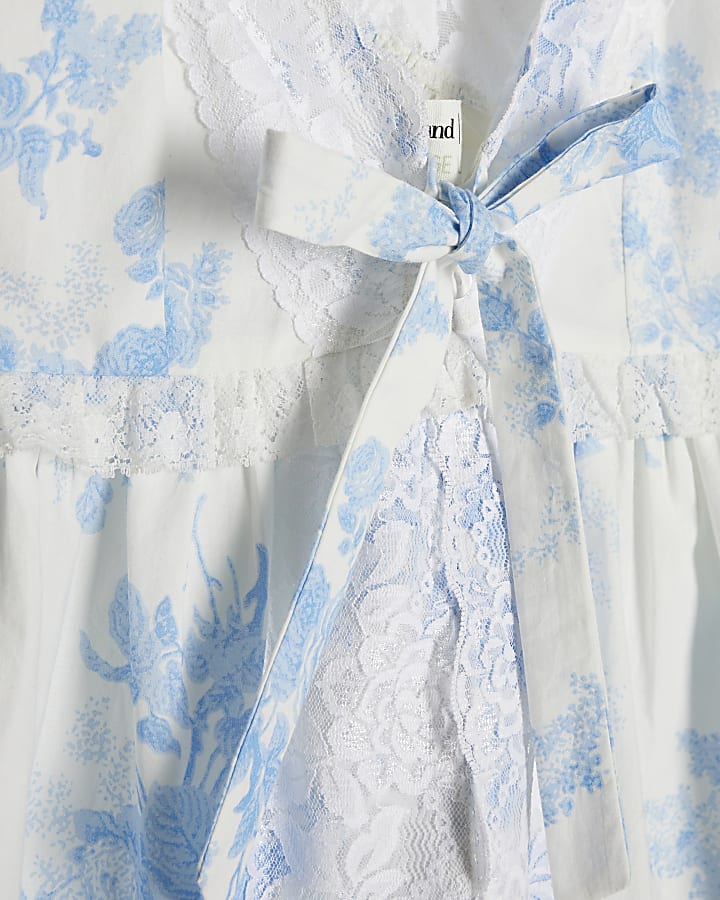 Blue Cotton Floral Lace Trim Shorts Set